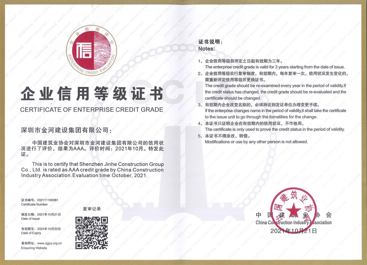 中国建筑业协会AAA信用等级证书